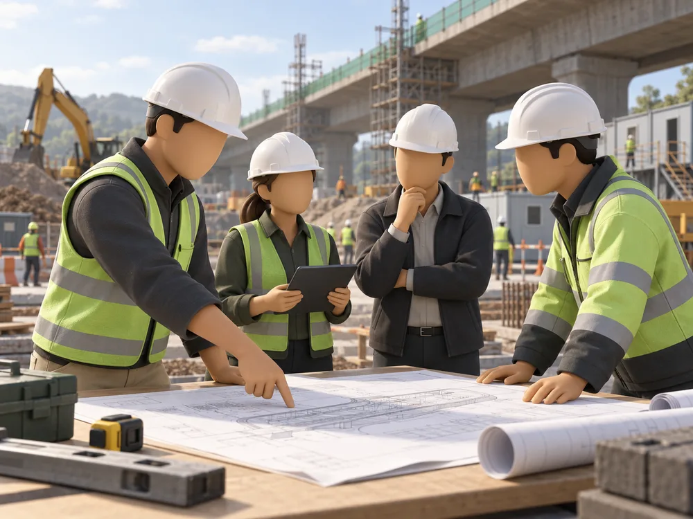 A site team reviewing drawings together beside a bridge under construction