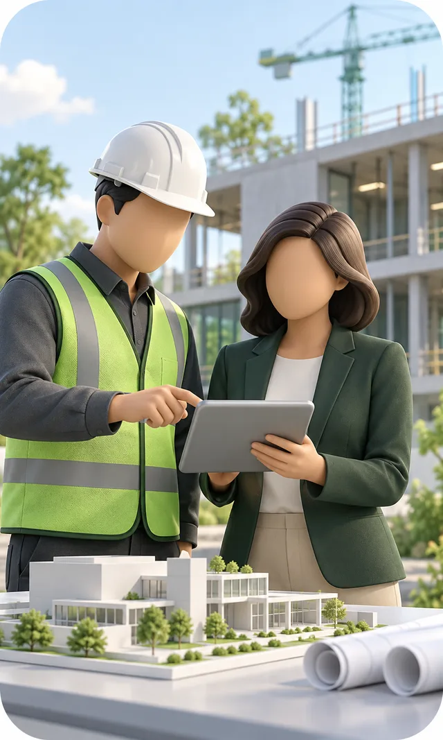 A site engineer and a project lead reviewing a building model on a tablet
