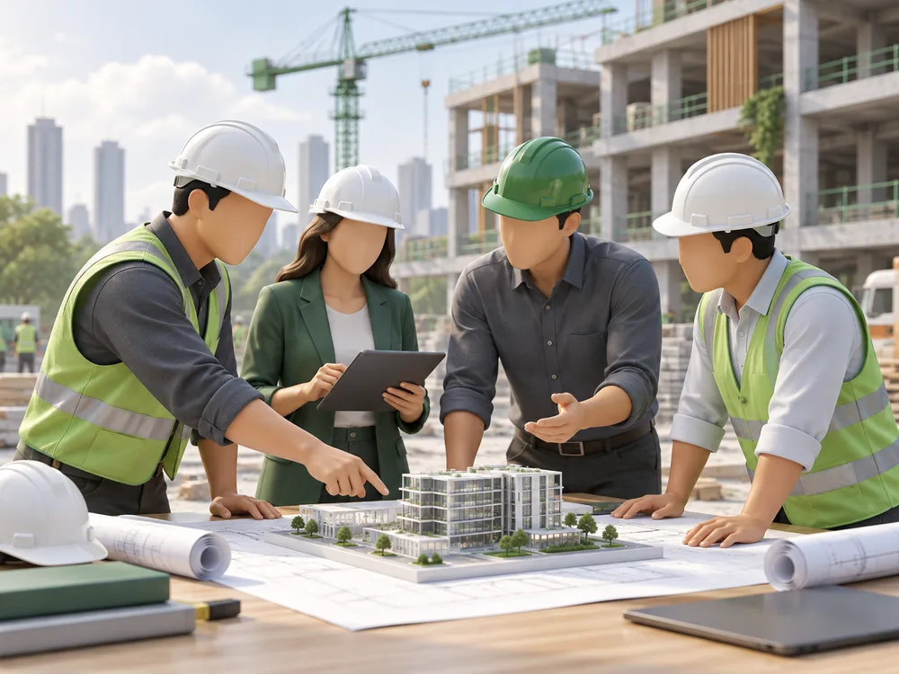 A site engineer and a partner reviewing plans and a building model together