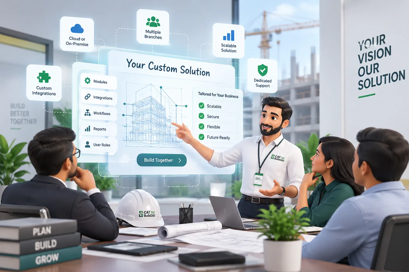 A Catbuild 360 specialist presenting a custom solution to a client team